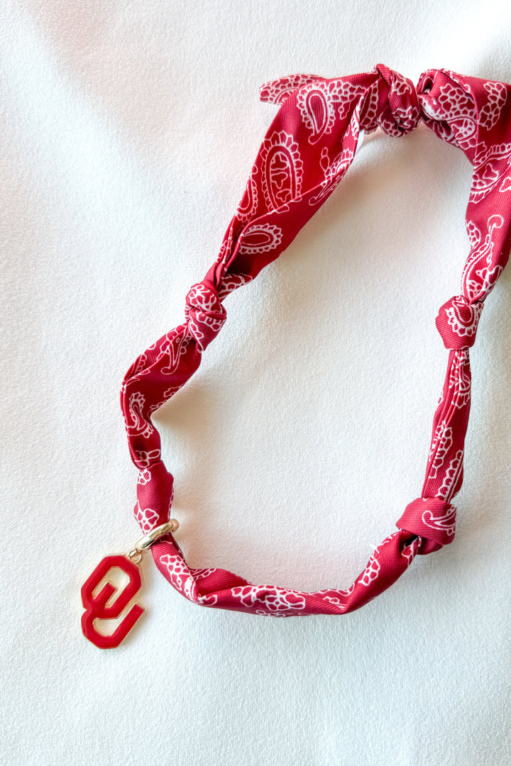 College Bandana Scarf Necklace, College Game Day, Game Day Outfit, Necklace, Accessories, Bandana Scarf, Adeline Boutique, Dallas Boutique, Boutique Jewelry, Boomer Sooner Accessories