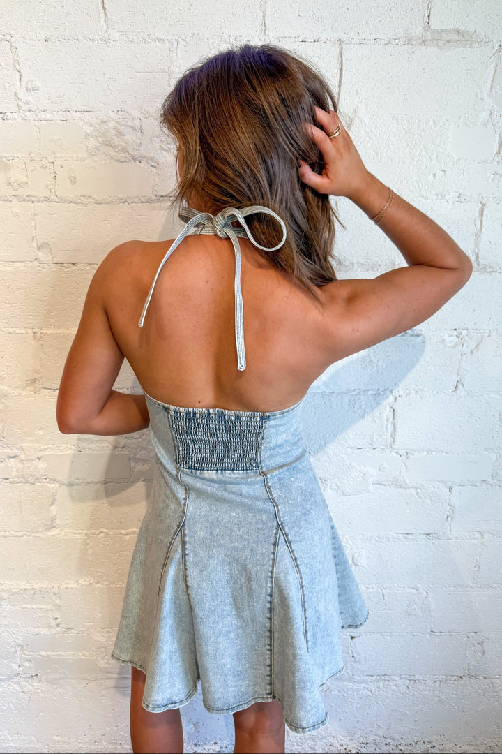 Cowboy Boots & Pleats Halter Denim Mini Dress, Denim, Denim Dress, Halter Dress, Rodeo Outfit, Adeline Boutique, Dallas Boutique