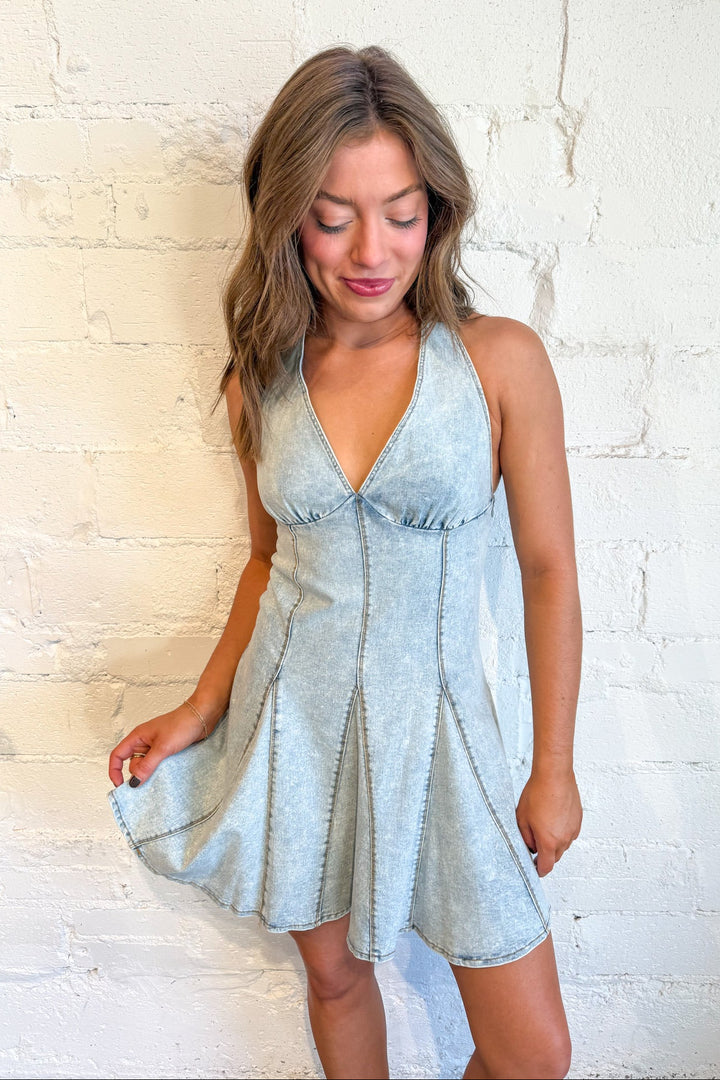 Cowboy Boots & Pleats Halter Denim Mini Dress, Denim, Denim Dress, Halter Dress, Rodeo Outfit, Adeline Boutique, Dallas Boutique
