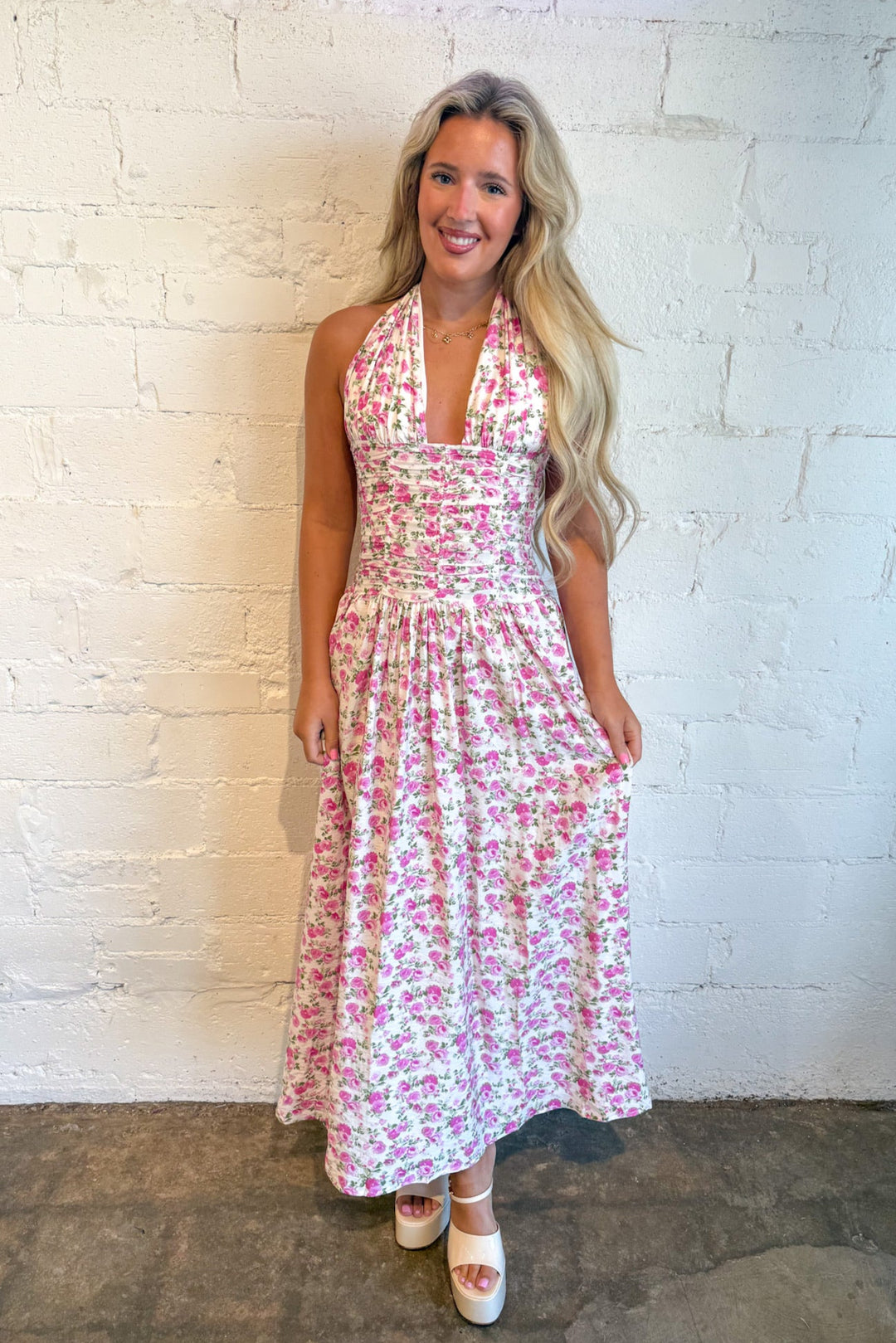 Deep Floral Halter Maxi Dress, Maxi Dress, Adeline Boutique, Floral Maxi Dress, Halter Maxi Dress, Dallas Boutique, Boutique Dresses