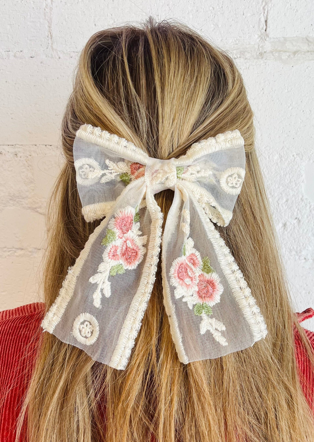 Vintage Rose Embroidered Chiffon Bow Clip, Hair Ties, Adeline, Adeline, dallas boutique, dallas texas, texas boutique, women's boutique dallas, adeline boutique, dallas boutique, trendy boutique, affordable boutique