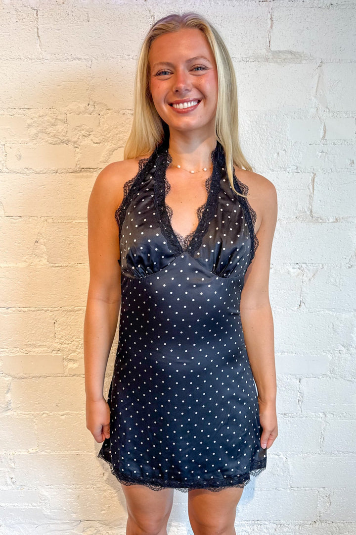 Lace Trim Polka Dot Dress, Polka Dot Dress, Satin Halter Dress, Adeline Boutique, Dallas Boutique, Boutique Dresses, LBD