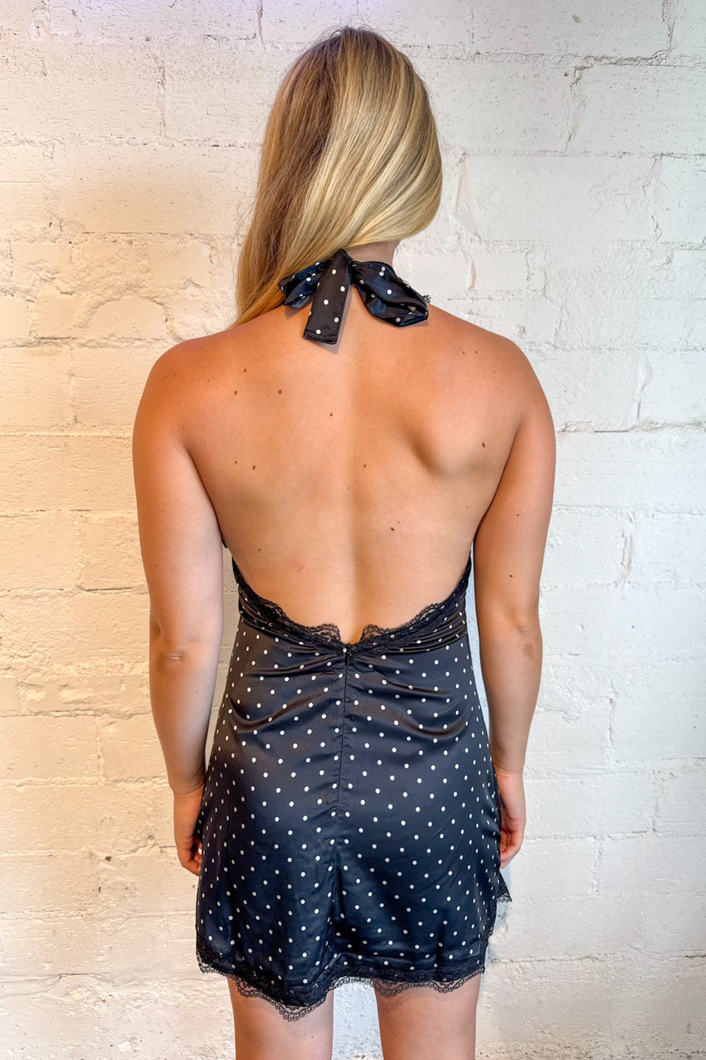 Lace Trim Polka Dot Dress, Polka Dot Dress, Satin Halter Dress, Adeline Boutique, Dallas Boutique, Boutique Dresses, LBD