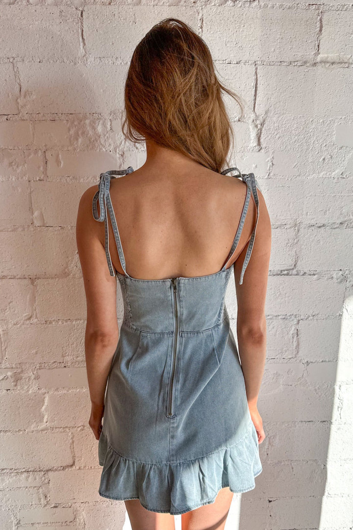 Contrast White Denim Tie Shoulder Dress, Denim, Dresses and Rompers, Adeline Boutique, Rodeo Outfit