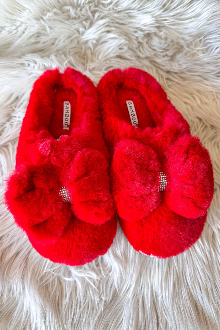 Red Bling On The Holidays Fur Slippers, Fur Slippers, Slippers, Adeline Boutique