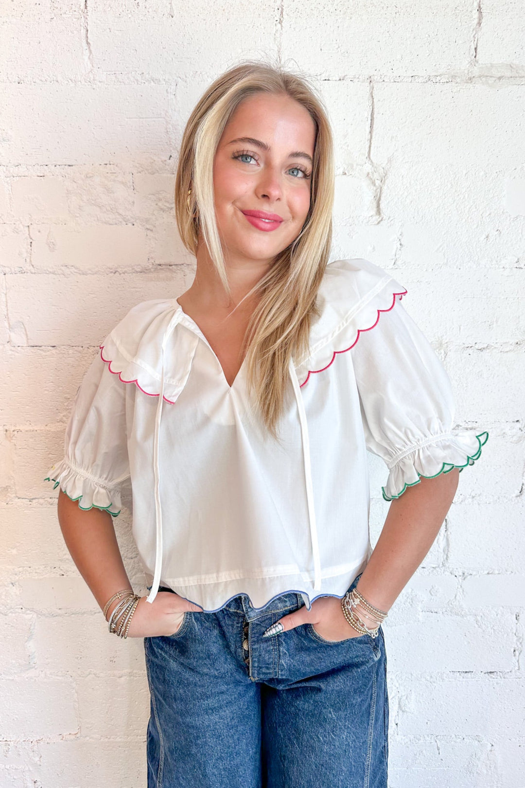 Scalloped Edges Poplin Top, Tops, Spring Tops, Adeline Boutique, Dallas Boutique