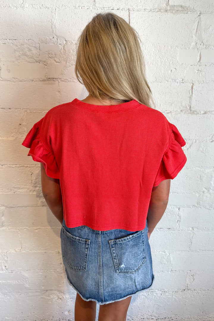 Waffle Knit Ruffle Top, Basic Top, Tops, Back to School Outfits, Summer Styles, Game Day Tops, Adeline Boutique, Dallas Boutique, Boutique Clothing