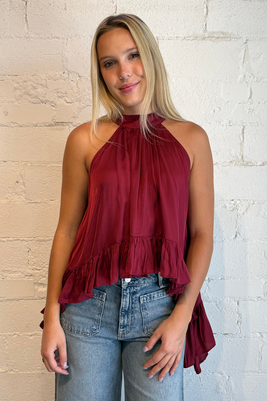 red halter top, halter top with ruffle, ruffle halter top, game day top, crimson top, crimson silk top 