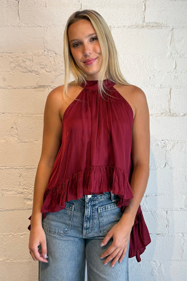 red halter top, halter top with ruffle, ruffle halter top, game day top, crimson top, crimson silk top 