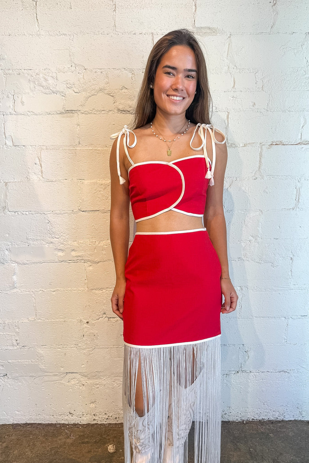 red skirt, fringe skirt, gameday set, All Star Skirt