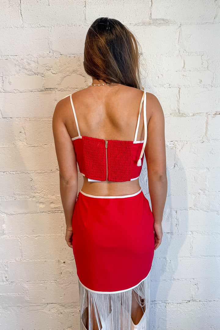 red skirt, fringe skirt, gameday set, All Star Skirt
