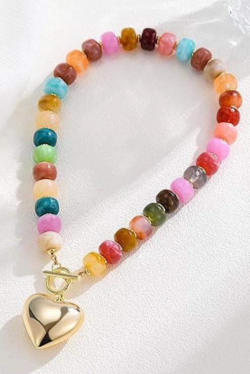 beaded heart charm necklace, chunky charm heart necklace 