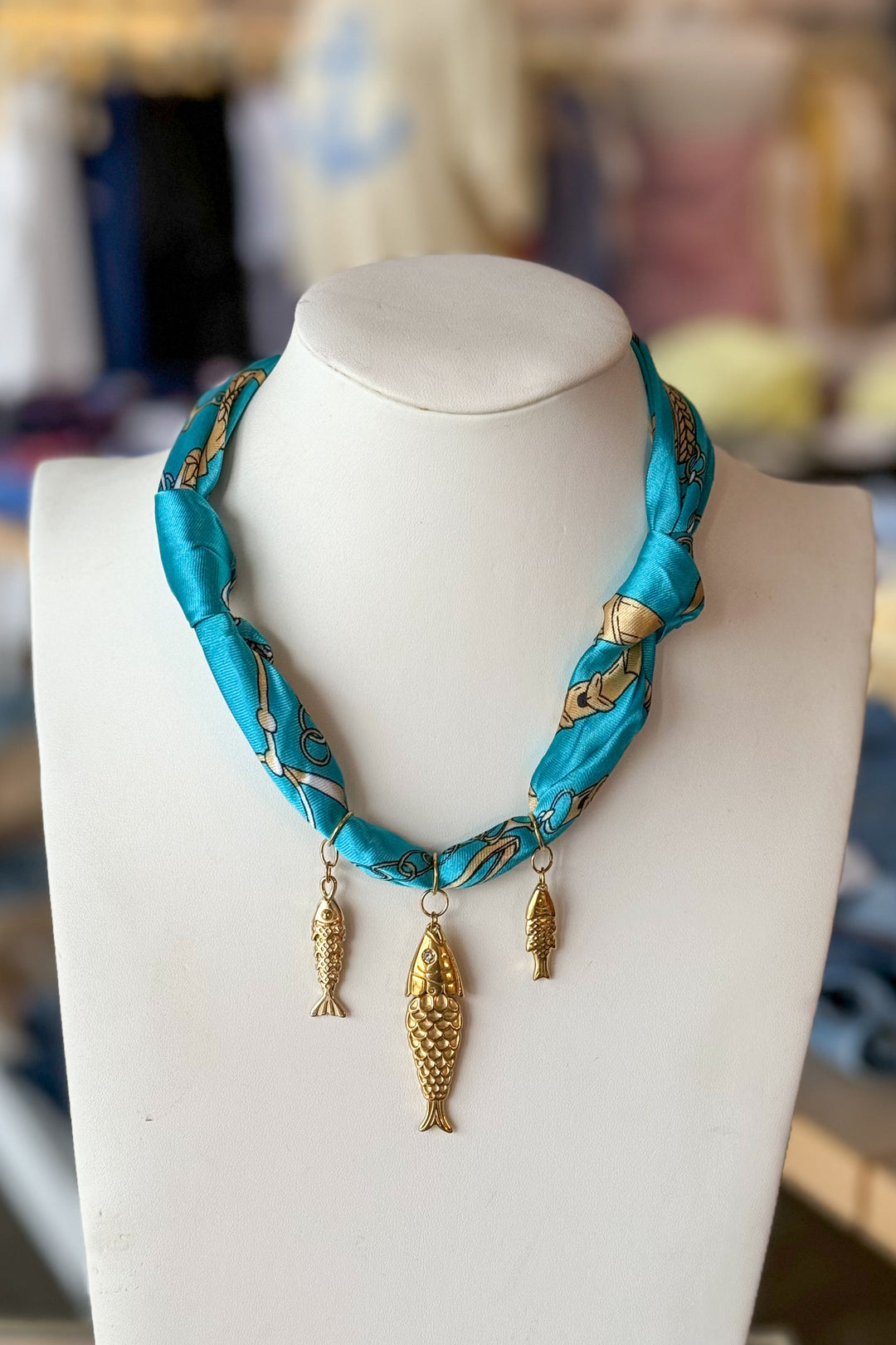 Blue Scarf with Fish Charms Necklace, Scarf Necklace, Necklace, Jewelry, Adeline Boutique, Dallas Boutiques, Accessories