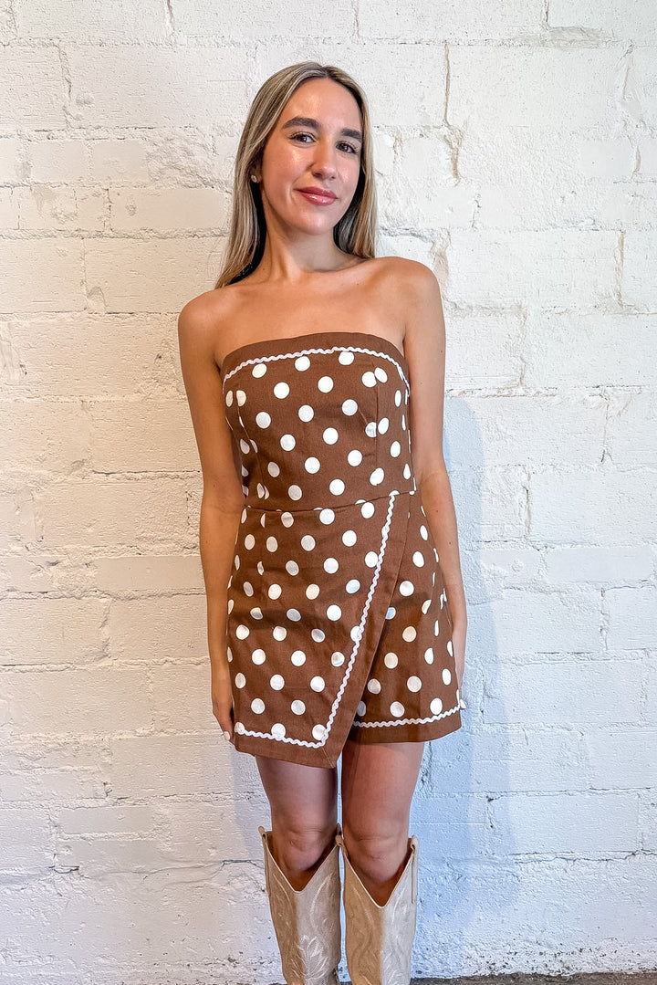 Black Polka Dot Romper, gameday romper, gameday outfit,  brown polka dot romper 