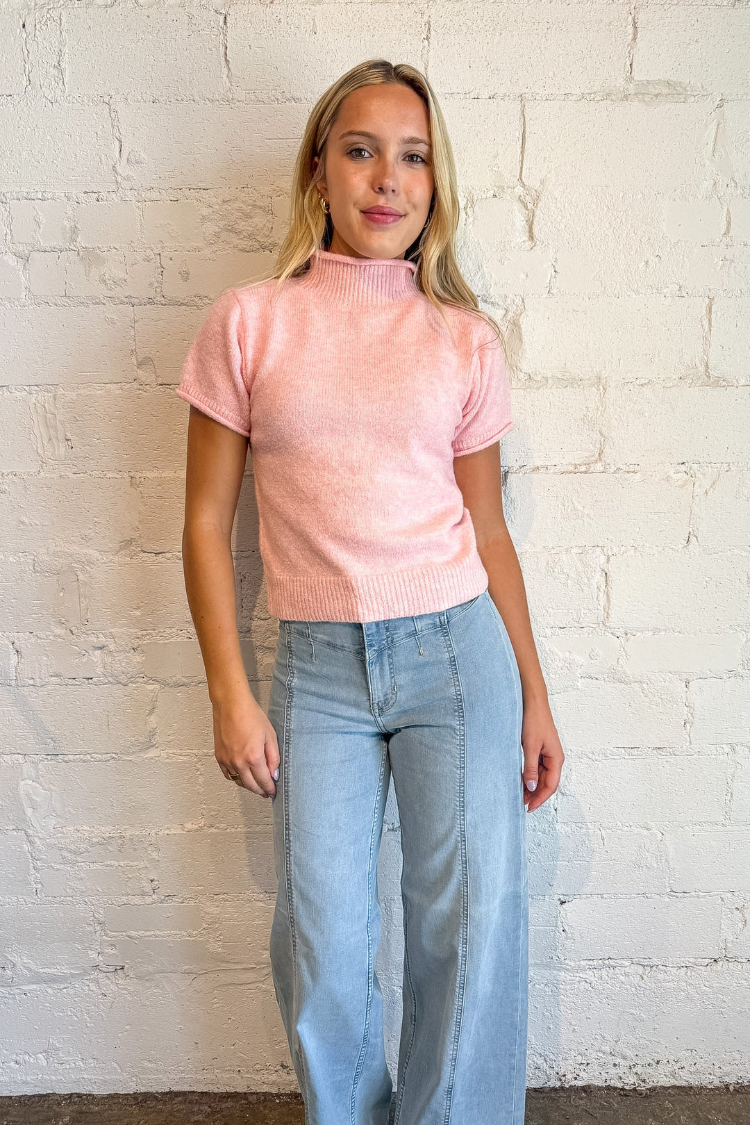 knit short sleeve sweater pink