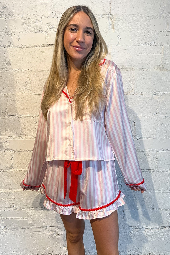 PJ Shorts, Christmas Pjs shorts, pink and white striped shorts