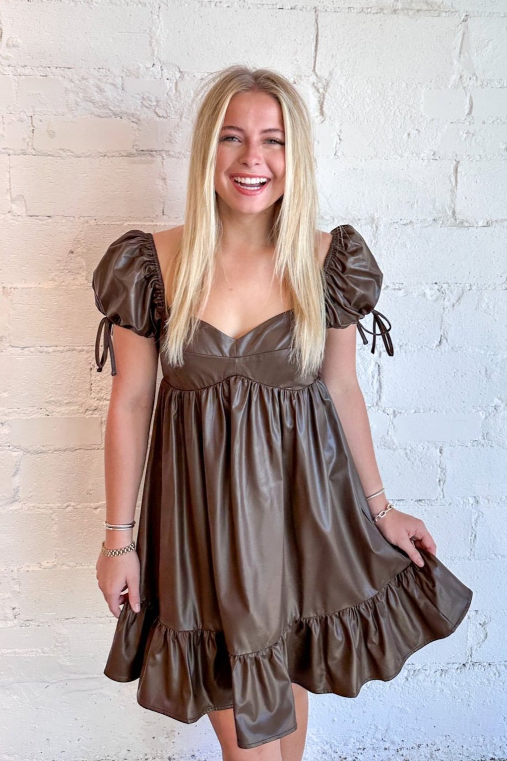 Chestnut Faux Leather Dress, Brown Dress, Brown Leather Dress, Dress, Leather, Dallas Boutique, Dallas Boutique Dresses 