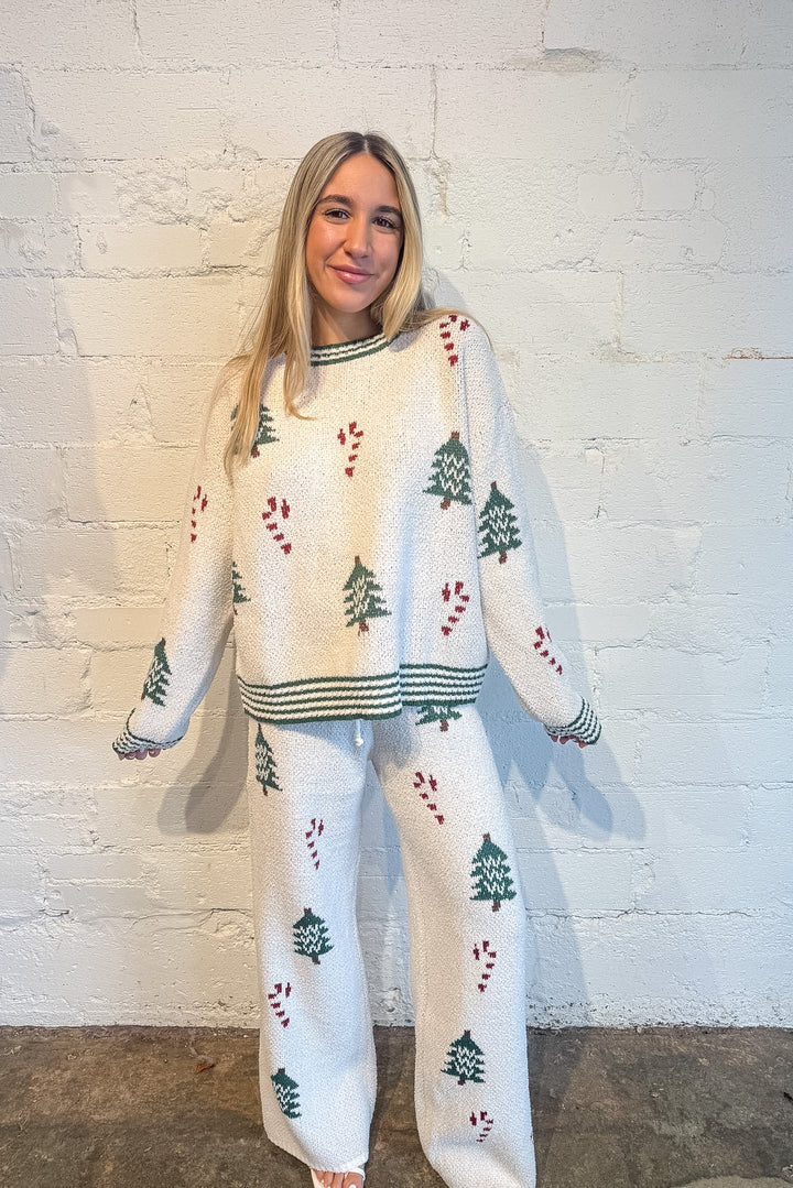 cozy christmas tree sweater, winter sweater, white sweater