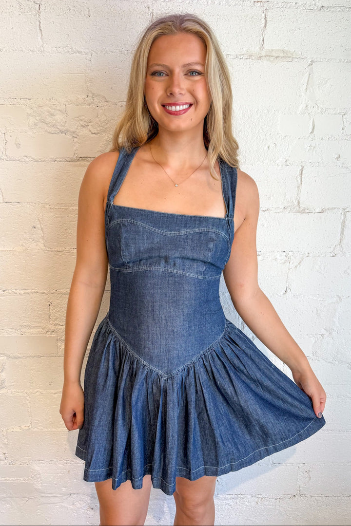 City Blues Mid Wash Denim Dress, Denim Dress, Denim, Fall Styles, Country Concert outfit, Rodeo Outfit, Adeline Boutique, Dallas Boutique