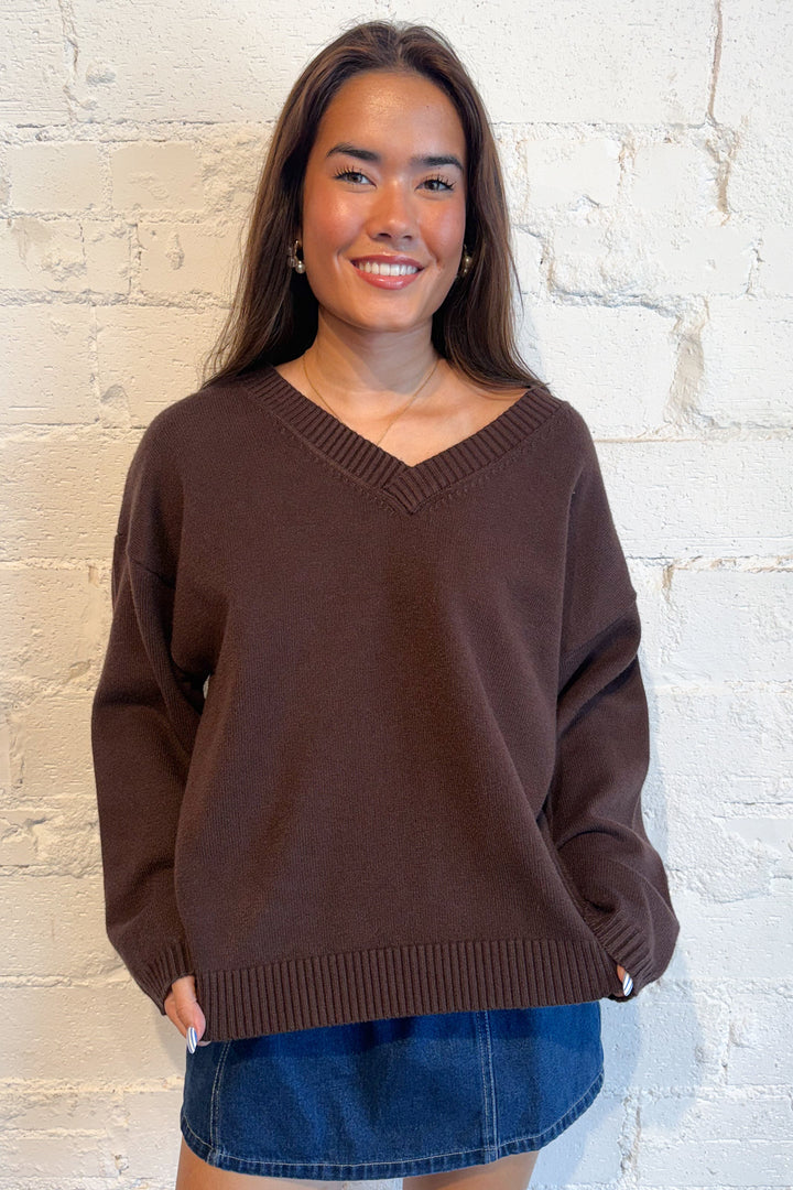 Classic V-Neck Sweater Brown, adeline boutique, dallas boutique, boutique