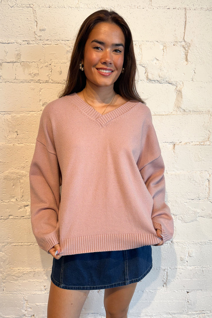Classic V-Neck Sweater Pink, adeline boutique, dallas boutique, boutique