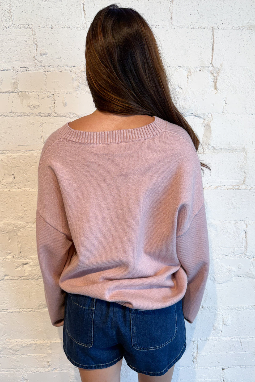 Classic V-Neck Sweater Pink Back, adeline boutique, dallas boutique, boutique