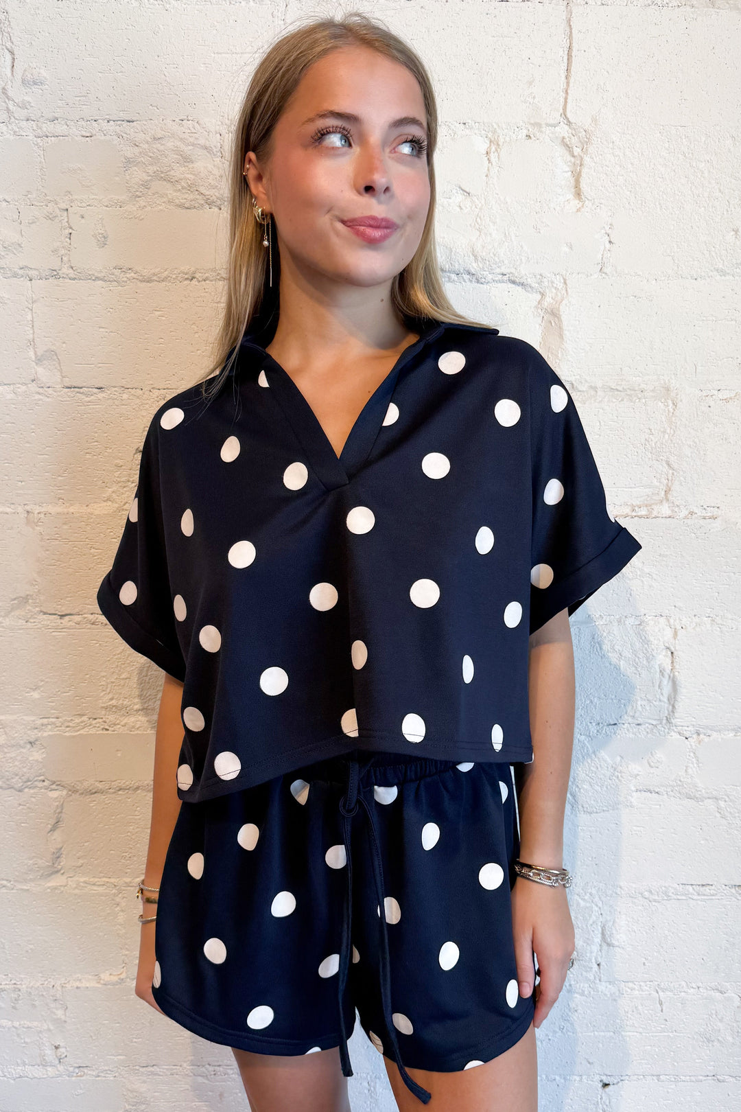 Clubhouse Polka Dot Top Navy, adeline boutique, dallas boutique, boutique