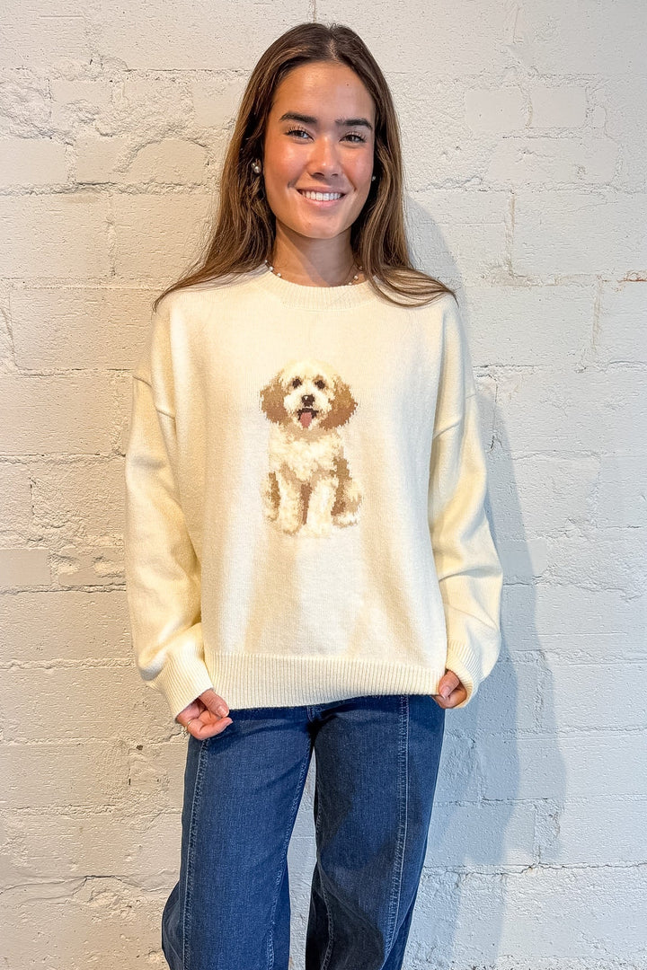 cozy sweater, cream sweater, sweater with puppy on it, graphic sweater