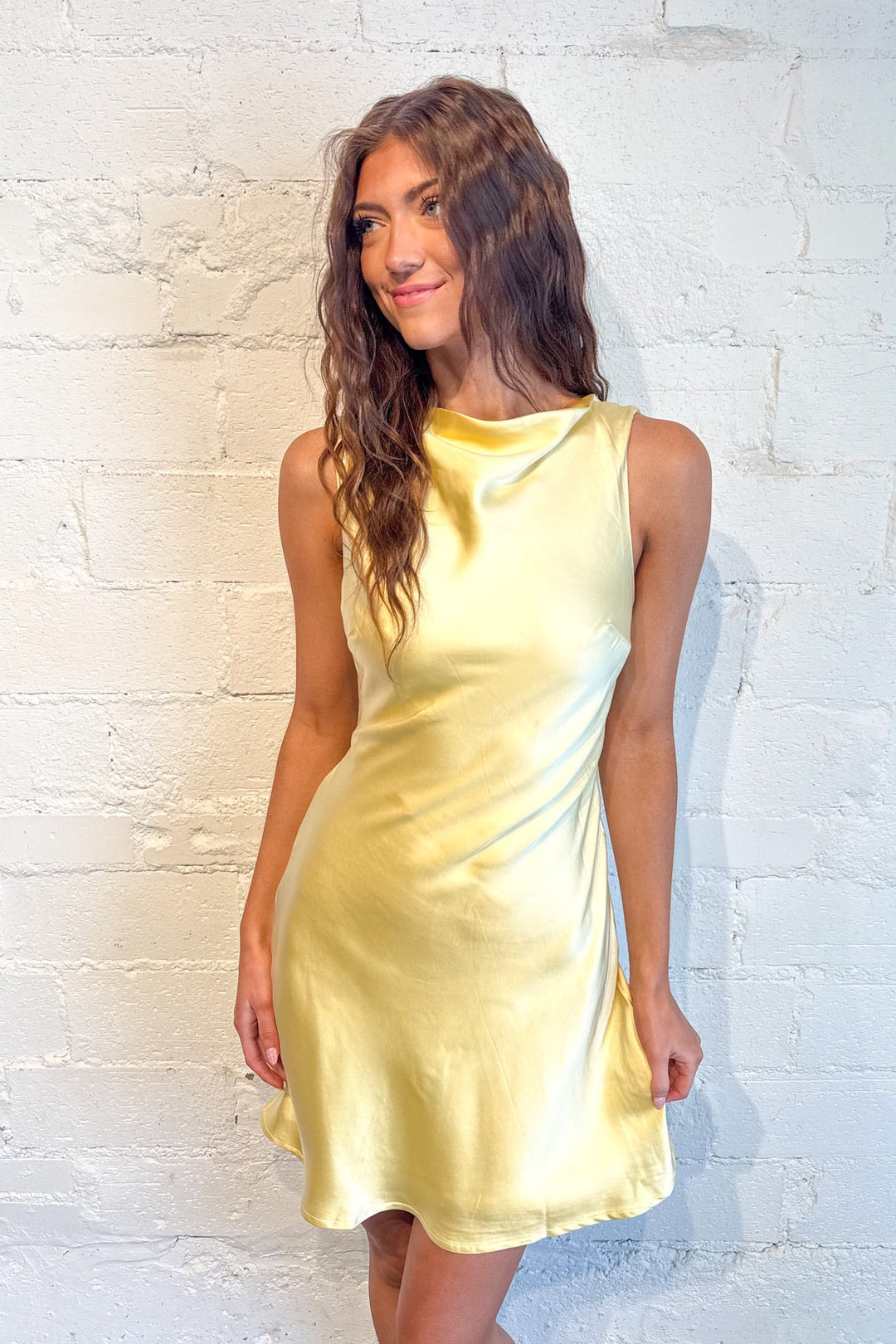 Daytime Date Dress, Yellow Satin Dress, Satin Mini Dress, Formal Dress, Wedding Guest Dress, Women's Dresses, Spring and Summer Dresses, Adeline Boutique, Dallas Boutique, Women's Boutique Dresses