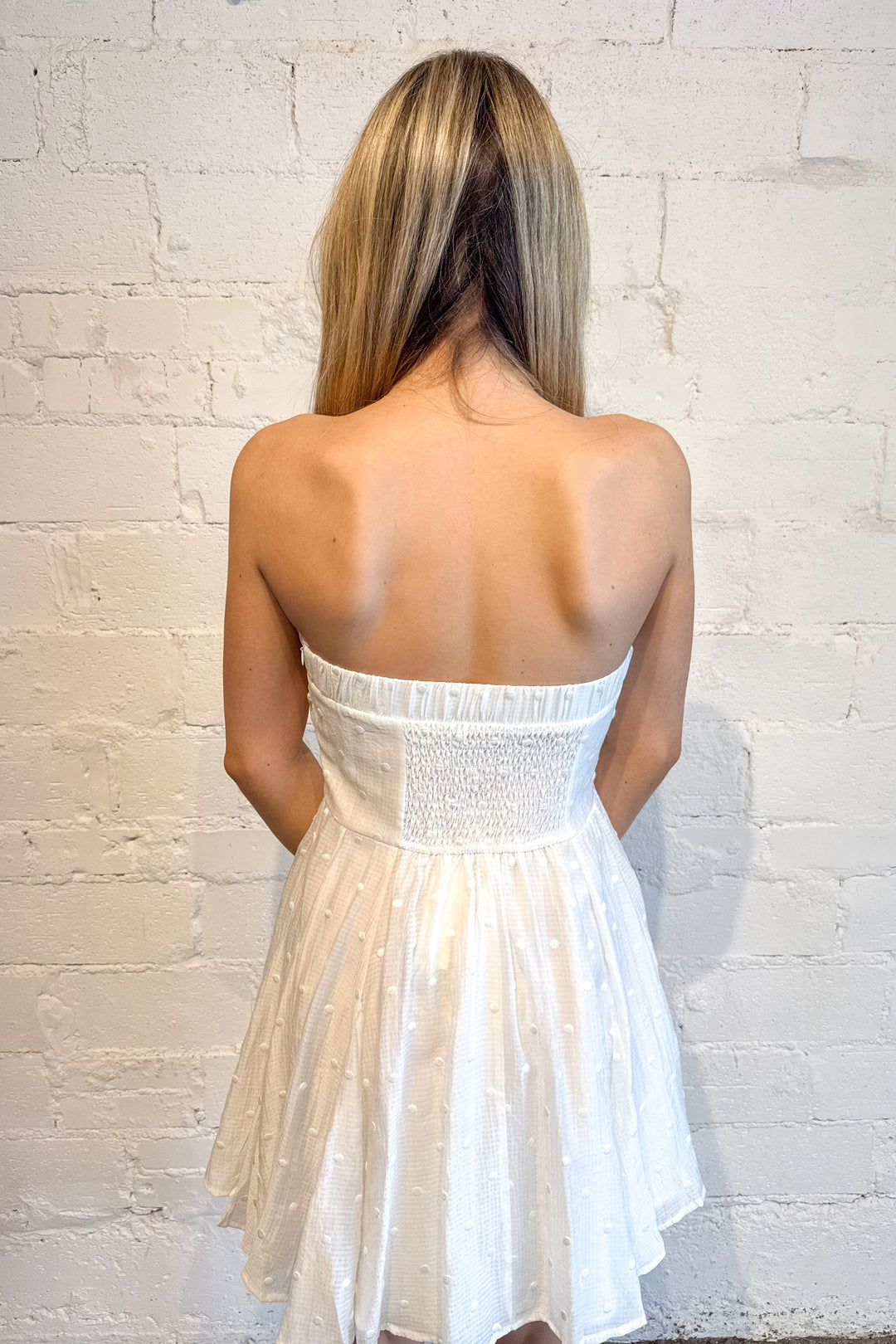 Delilah Dot Tube Mini Dress, White Dress, Strapless Tube Dress, Spring and Summer Dresses, Summer Styles, Vacation Styles, Adeline Boutique, Dallas Boutique