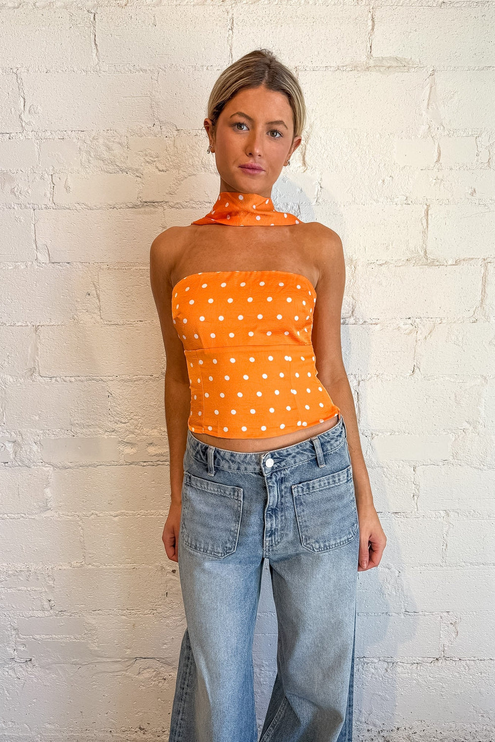 Orange top, orange top with polka dots, game day top, polka dot top, dot and drape top 