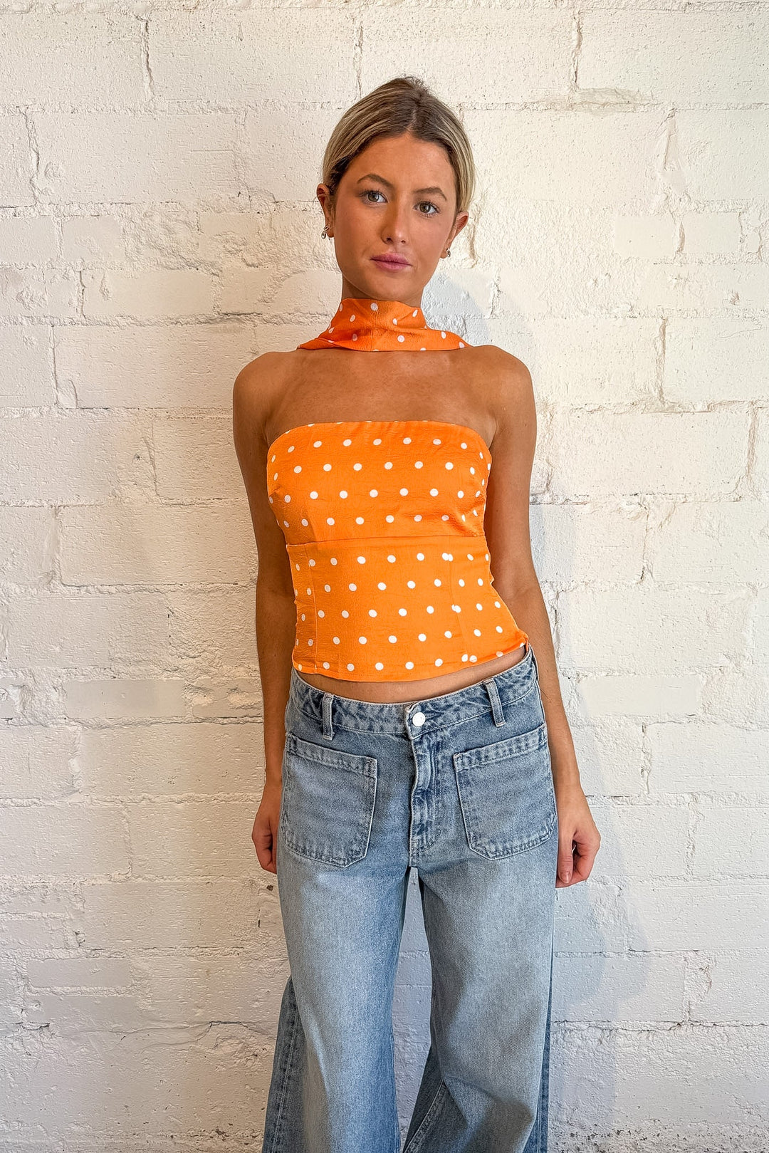 Orange top, orange top with polka dots, game day top, polka dot top, dot and drape top 