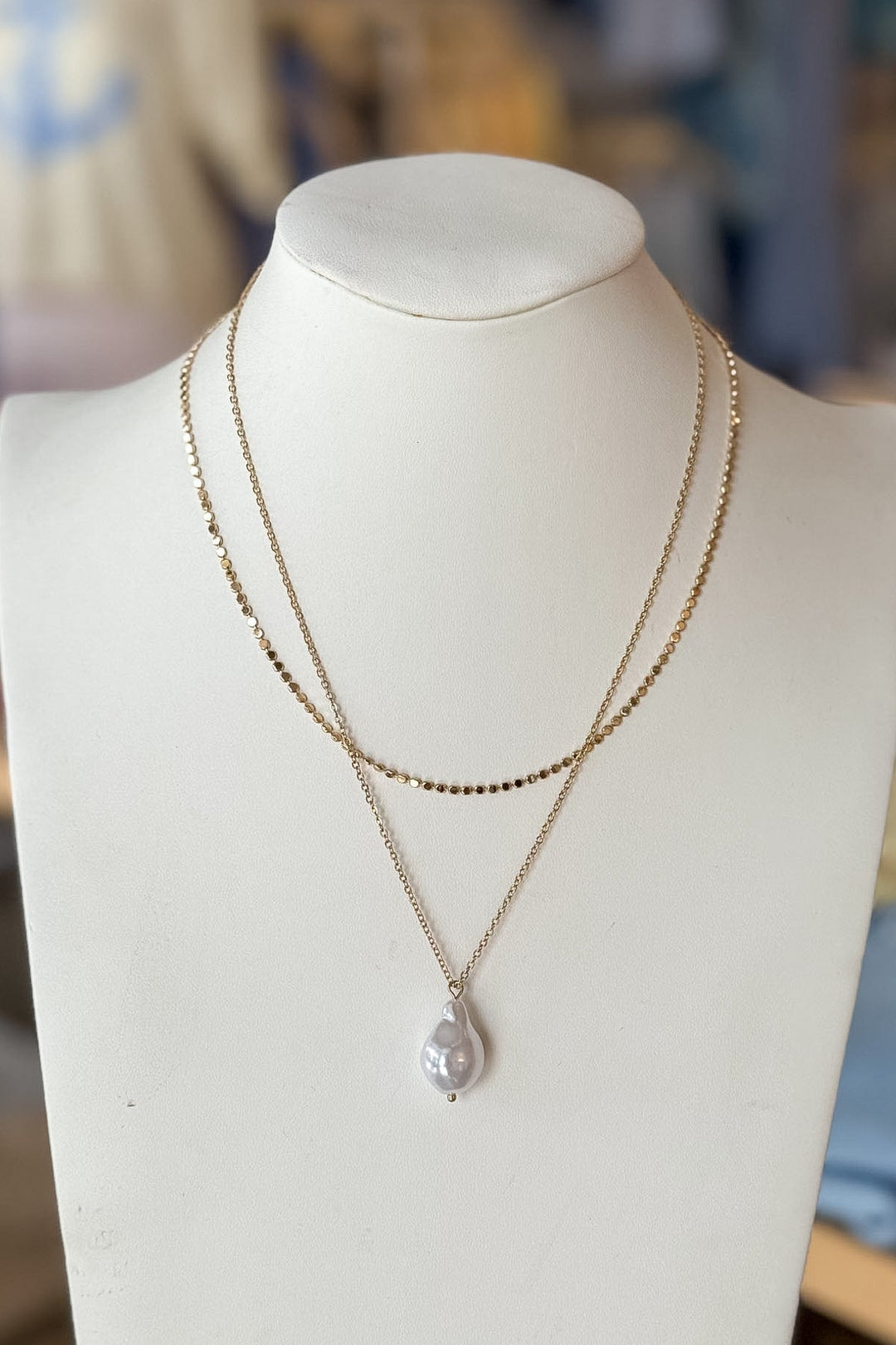 Double Gold Necklace with Freshwater Pearl, Necklace, Accessories, Adeline Boutique, Dallas Boutique, Jewelry, Pearl Necklace