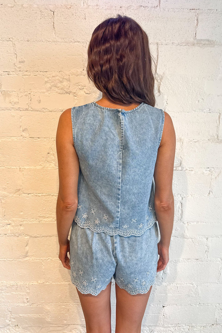Embroidered Denim Top, Denim Top, Tops, Spring and Summer Tops, Sets, Matching Sets, Vacation Styles, Denim, Adeline Boutique, Dallas Boutique, Women's Boutique