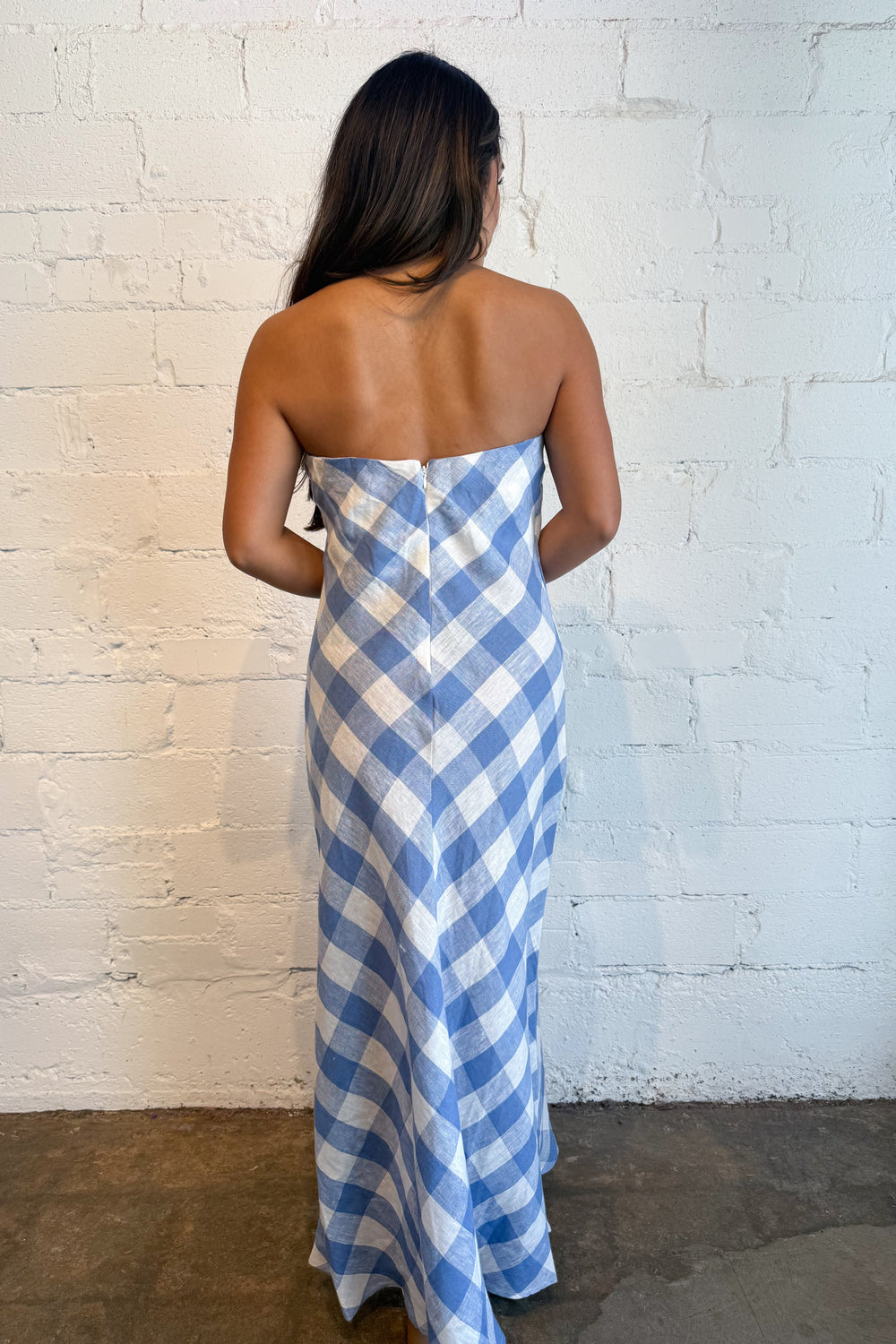 Erin Strapless Linen Gingham Maxi Dress Back, adeline boutique, dallas boutique, boutique