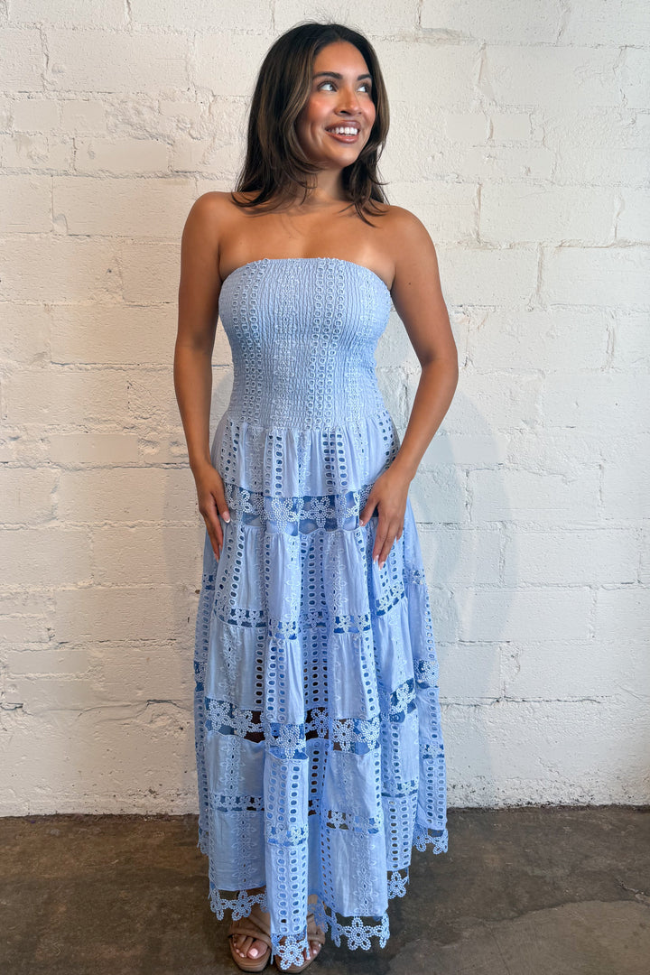 Evelyn Eyelet Maxi Dress Light Blue, adeline boutique, dallas boutique, boutique