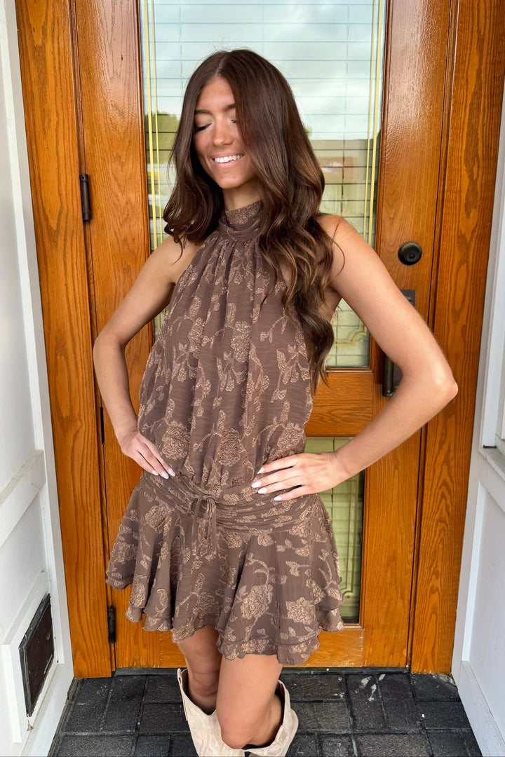 Fall Forever Dress, Brown Dress, Brown Halter Dress, Flowy Dress, Dresses, Adeline Boutique, Dallas Boutique, Women's Boutique Clothing