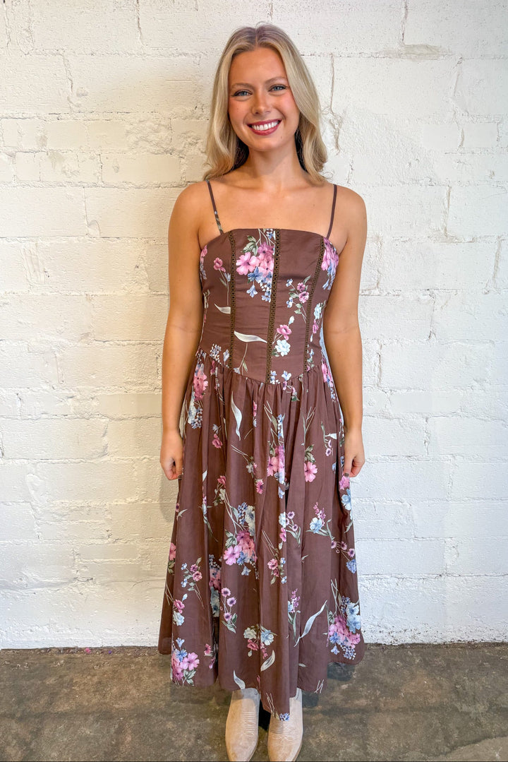 Floral Print Corset Midi Dress, Maxi Floral Dress, Maxi Dress, Brown Maxi Dress, Women's Dresses, Adeline Boutique, Dallas Boutique, Wedding Guest Dress, Thanksgiving Outfits