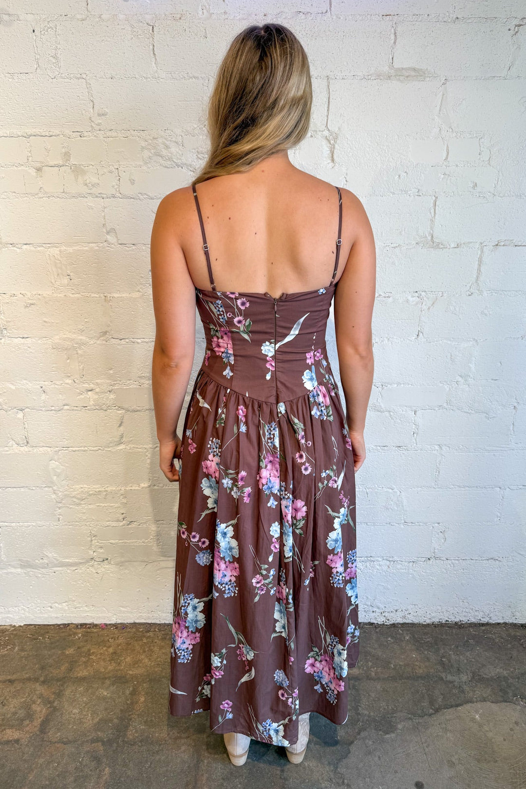 Floral Print Corset Midi Dress, Maxi Floral Dress, Maxi Dress, Brown Maxi Dress, Women's Dresses, Adeline Boutique, Dallas Boutique, Wedding Guest Dress, Thanksgiving Outfits