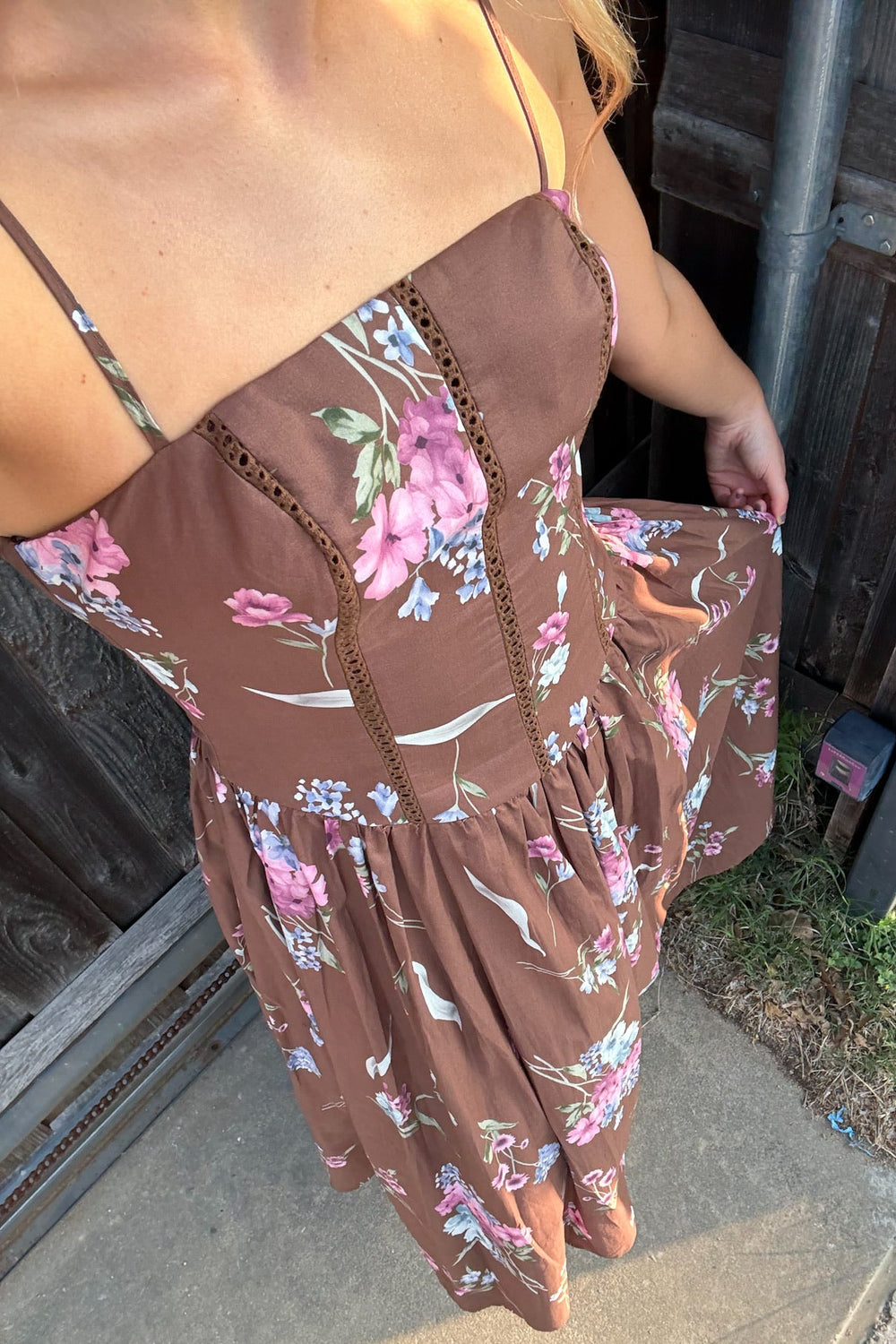 Floral Print Corset Midi Dress, Maxi Floral Dress, Maxi Dress, Brown Maxi Dress, Women's Dresses, Adeline Boutique, Dallas Boutique, Wedding Guest Dress, Thanksgiving Outfits