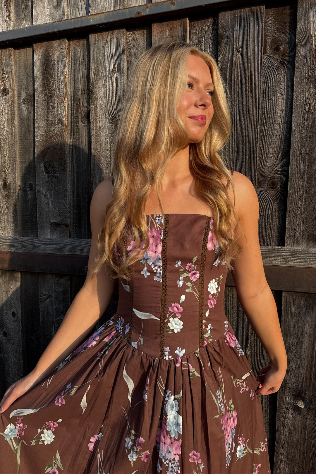 Floral Print Corset Midi Dress, Maxi Floral Dress, Maxi Dress, Brown Maxi Dress, Women's Dresses, Adeline Boutique, Dallas Boutique, Wedding Guest Dress, Thanksgiving Outfits