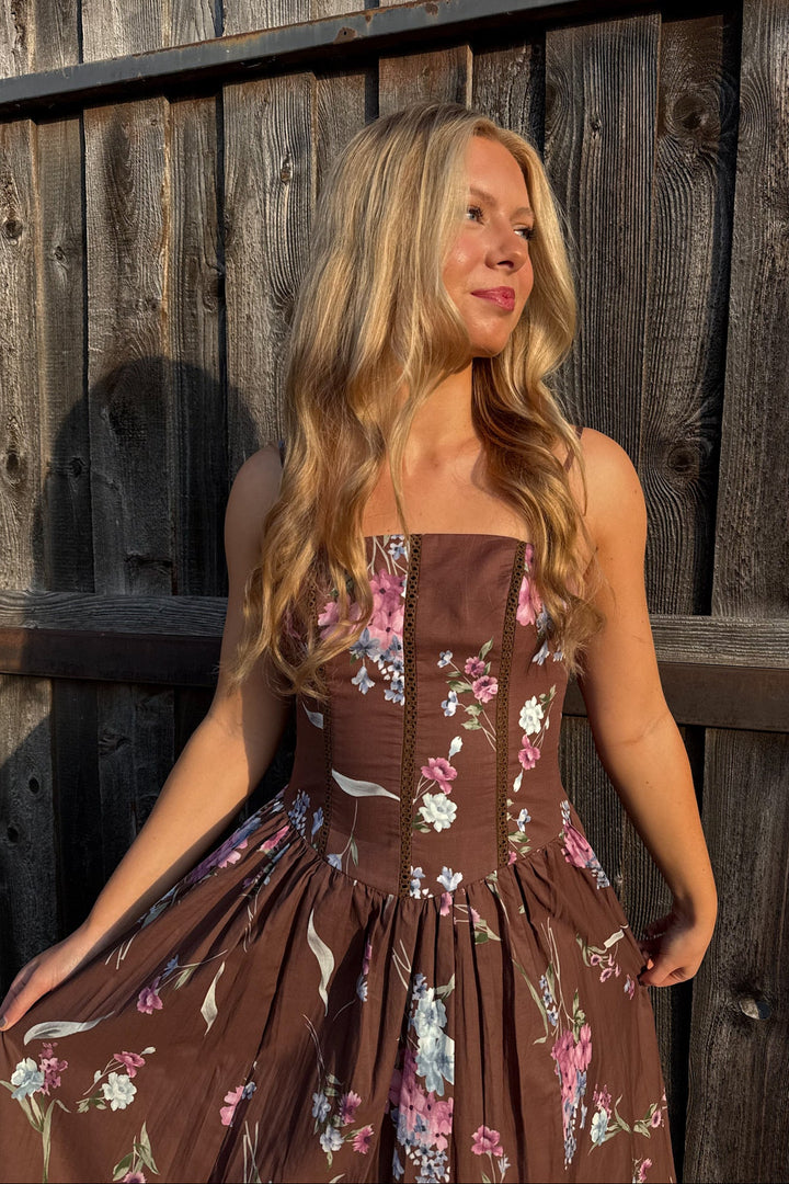 Floral Print Corset Midi Dress, Maxi Floral Dress, Maxi Dress, Brown Maxi Dress, Women's Dresses, Adeline Boutique, Dallas Boutique, Wedding Guest Dress, Thanksgiving Outfits