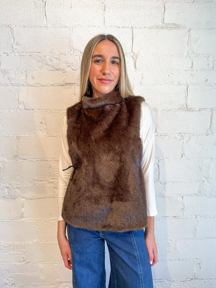fur vest, faux fur, tie vest, brown fur vest