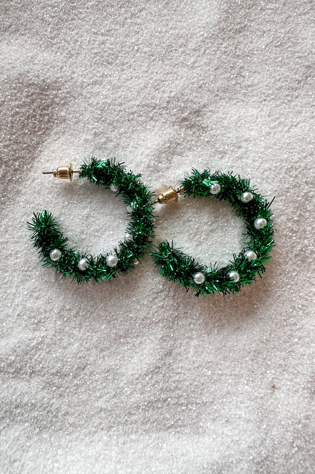 Green Tinsel Hoops Earrings, Holiday Earrings, Adeline Boutique, Boutique Jewelry 