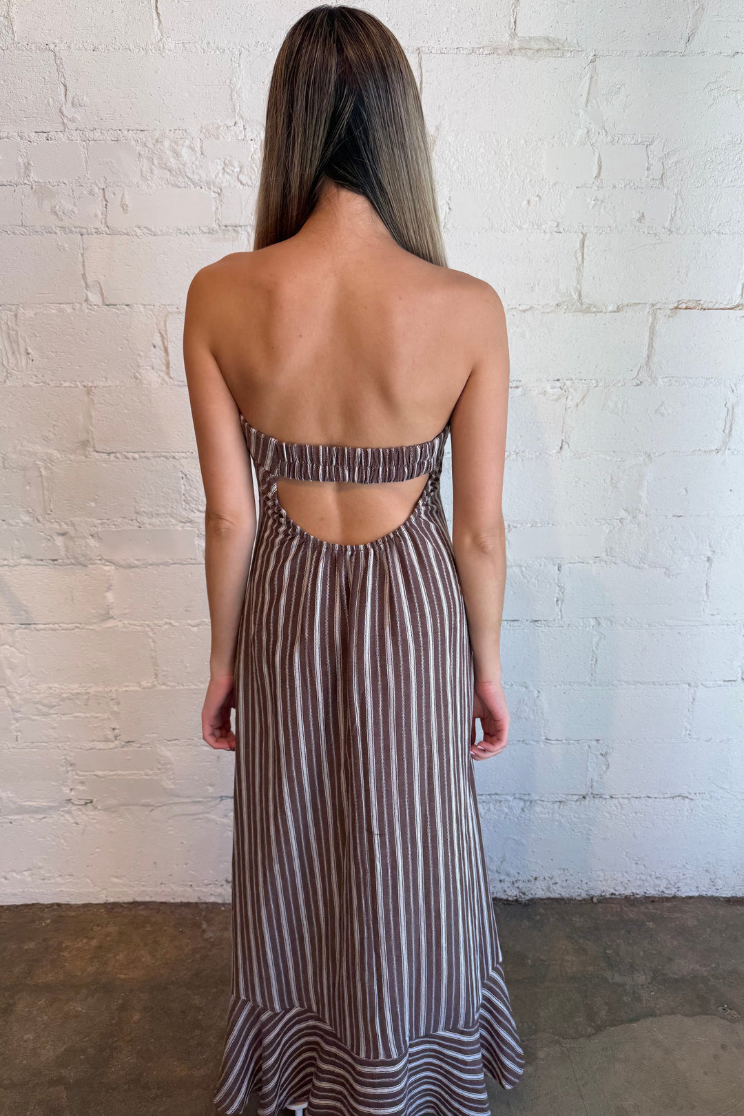 stripe maxi dress, brown stripe dress, brown stripe maxi dress, maxi dress, fall maxi dress, strapless fall maxi dress 