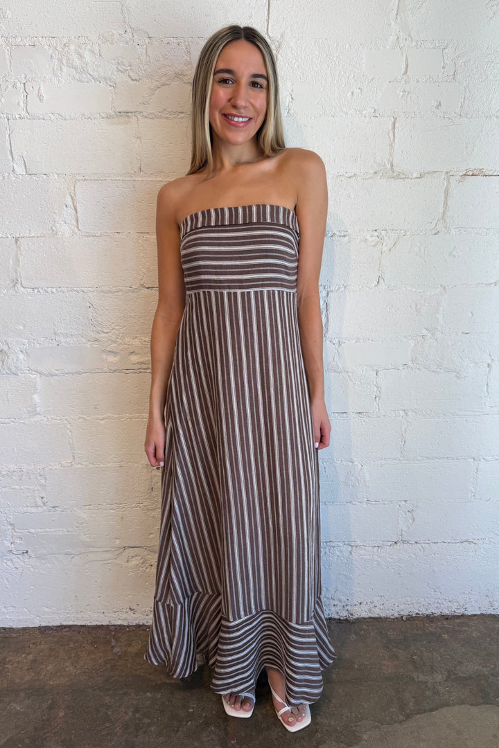 stripe maxi dress, brown stripe dress, brown stripe maxi dress, maxi dress, fall maxi dress, strapless fall maxi dress 