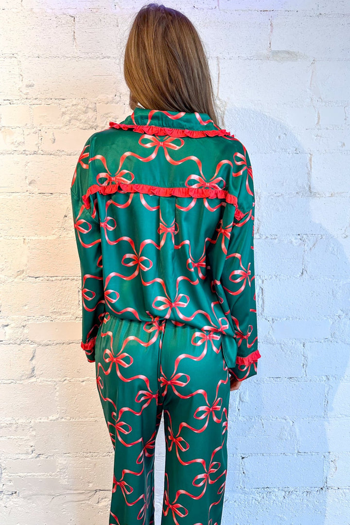 Holiday Bow Print Silky Pajama Bottoms, Christmas Pajamas, Pajamas, Silk Pajamas, Holiday Pajamas, Dallas Boutique, Adeline Boutique 