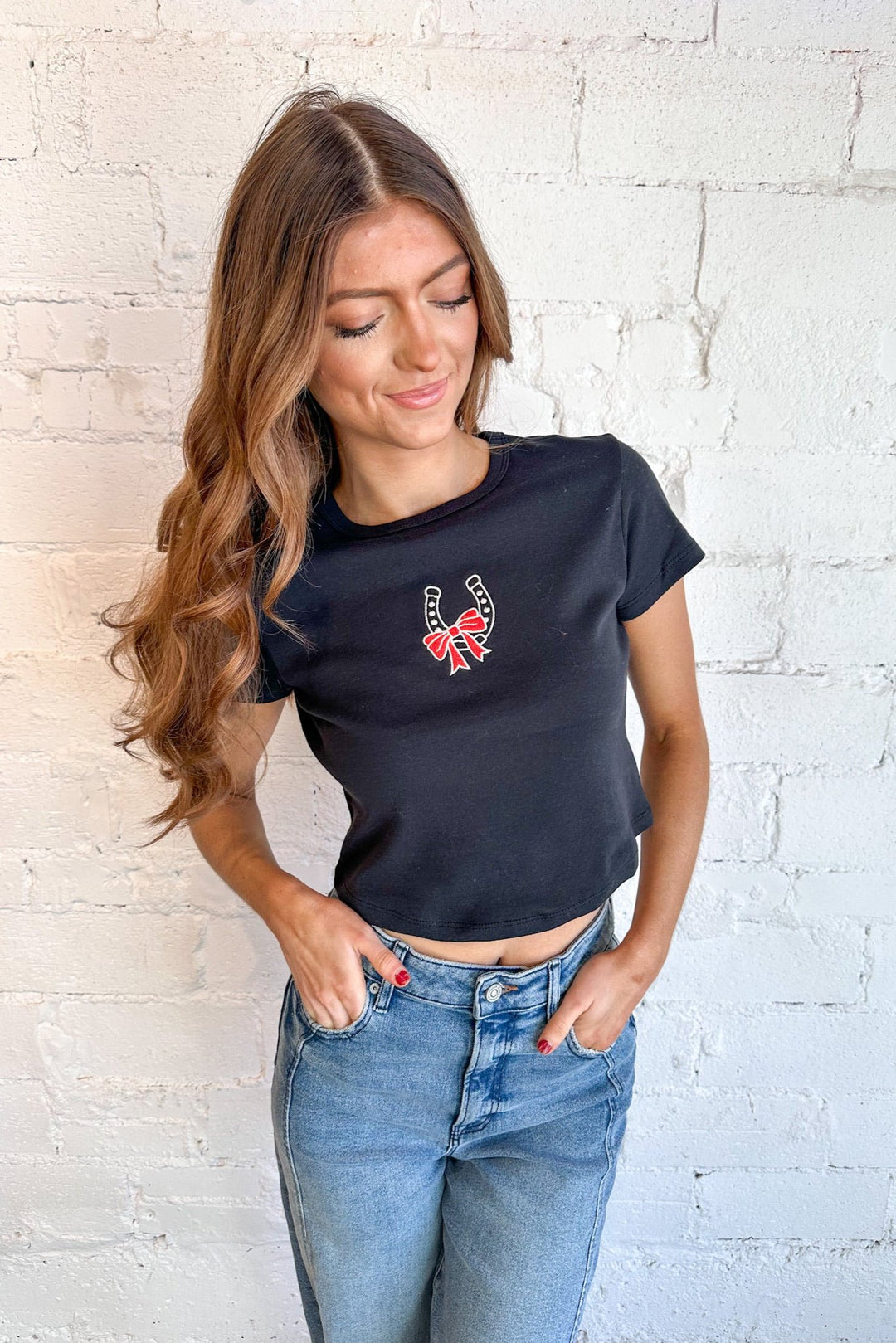 Horseshoe Bow Tee, Baby Tee, Graphic Tee, Tops, Adeline Boutique