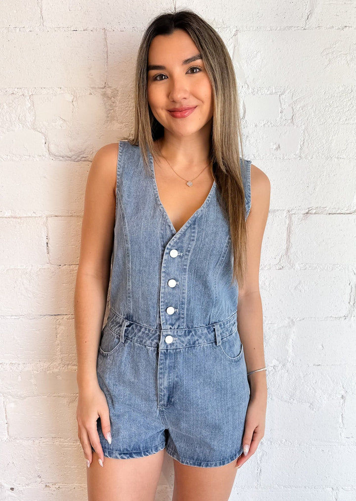 Country Denim Romper, romper, Adeline, Adeline, dallas boutique, dallas texas, texas boutique, women's boutique dallas, adeline boutique, dallas boutique, trendy boutique, affordable boutique