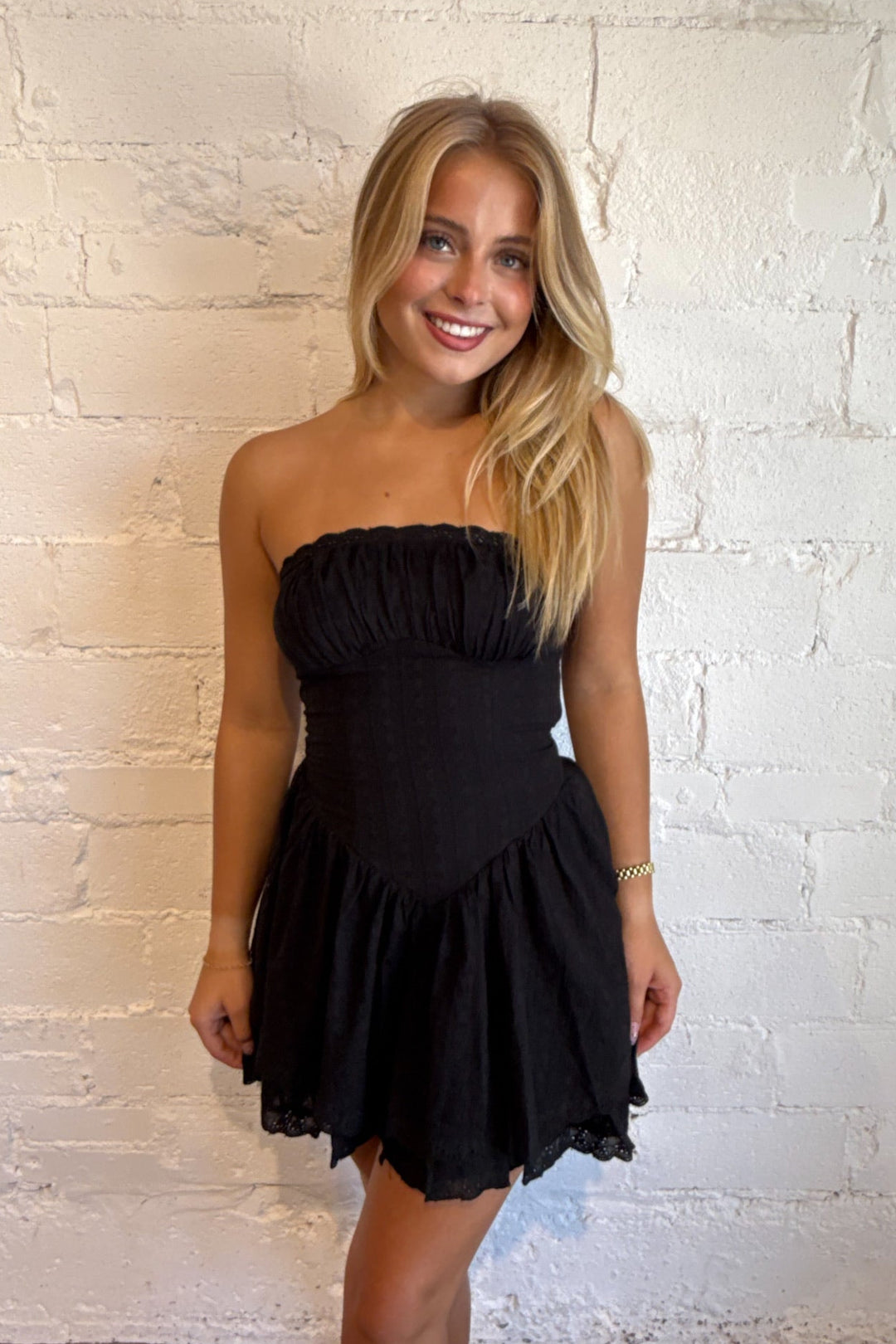 Ivy Tiered Lace Mini Dress, Little Black Dress, Game Day Dress, Strapless Dress, Adeline Boutique, Dallas Boutique, Boutique Dresses